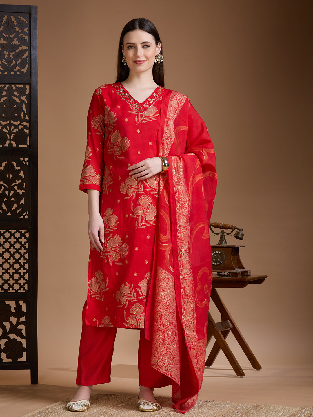 Floral Foil Printed Embroidered Straight Kurta with Pant & Dupatta - Red