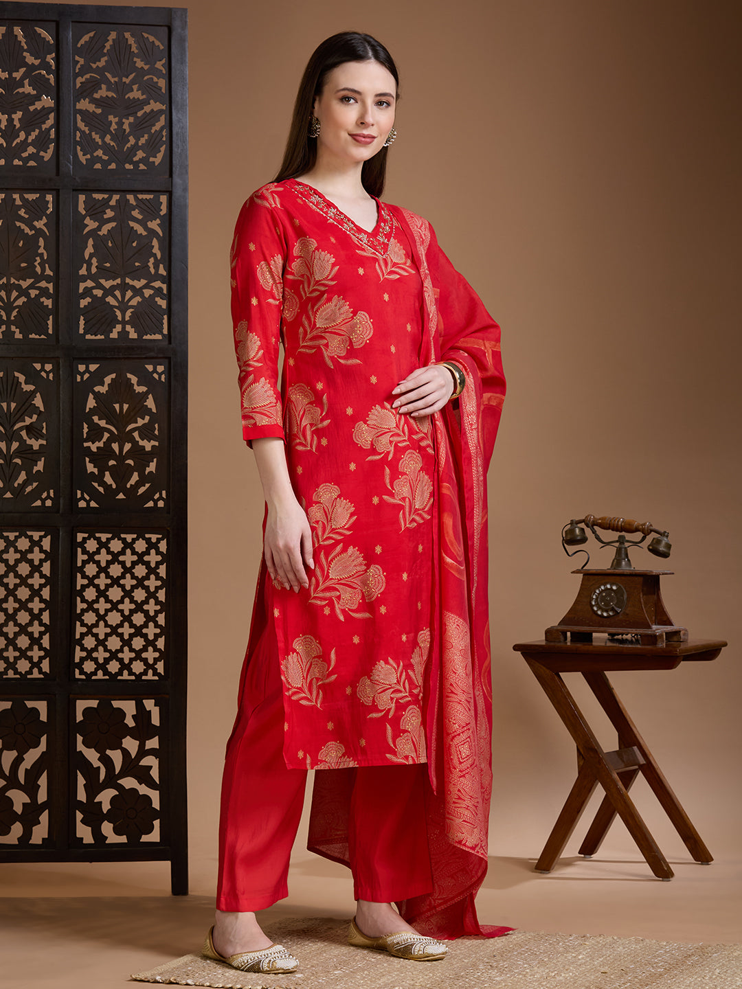 Floral Foil Printed Embroidered Straight Kurta with Pant & Dupatta - Red