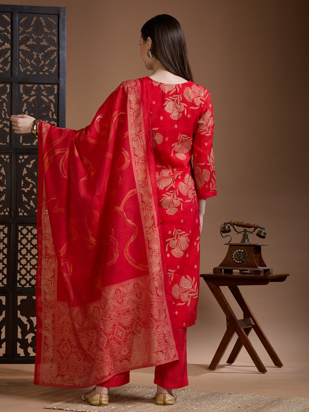 Floral Foil Printed Embroidered Straight Kurta with Pant & Dupatta - Red