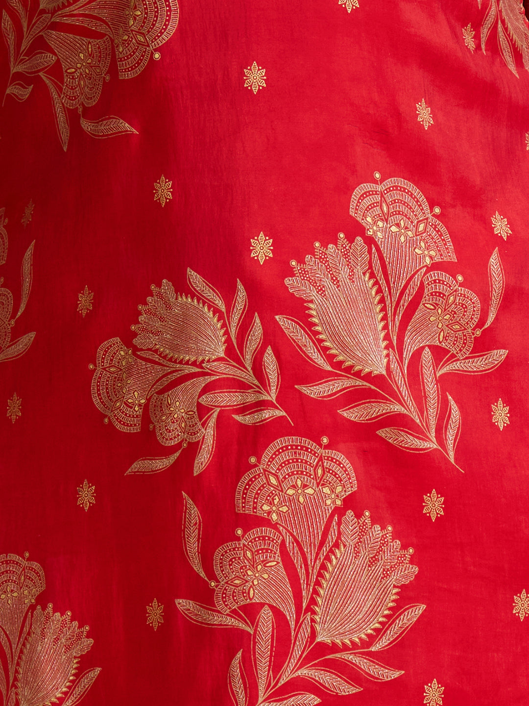 Floral Foil Printed Embroidered Straight Kurta with Pant & Dupatta - Red