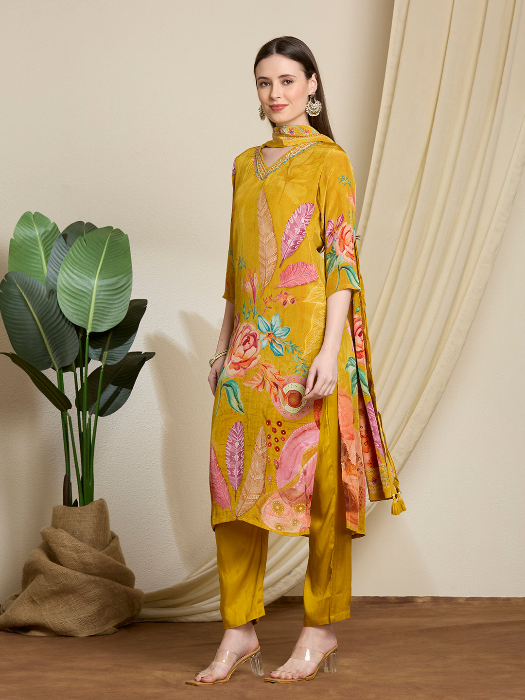 Abstract Flor Printed Straight Kurta with Pant & Dupatta - Yellow