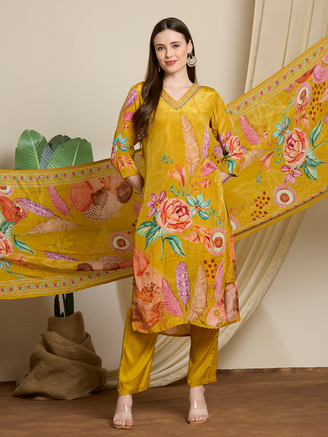 Abstract Flor Printed Straight Kurta with Pant & Dupatta - Yellow