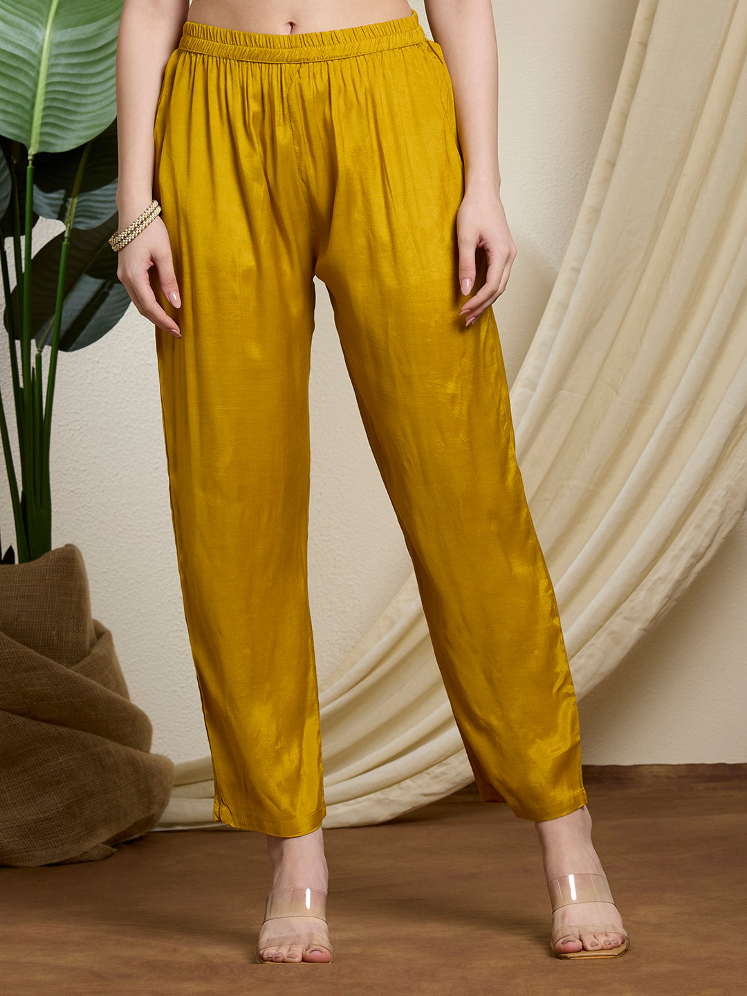 Abstract Flor Printed Straight Kurta with Pant & Dupatta - Yellow