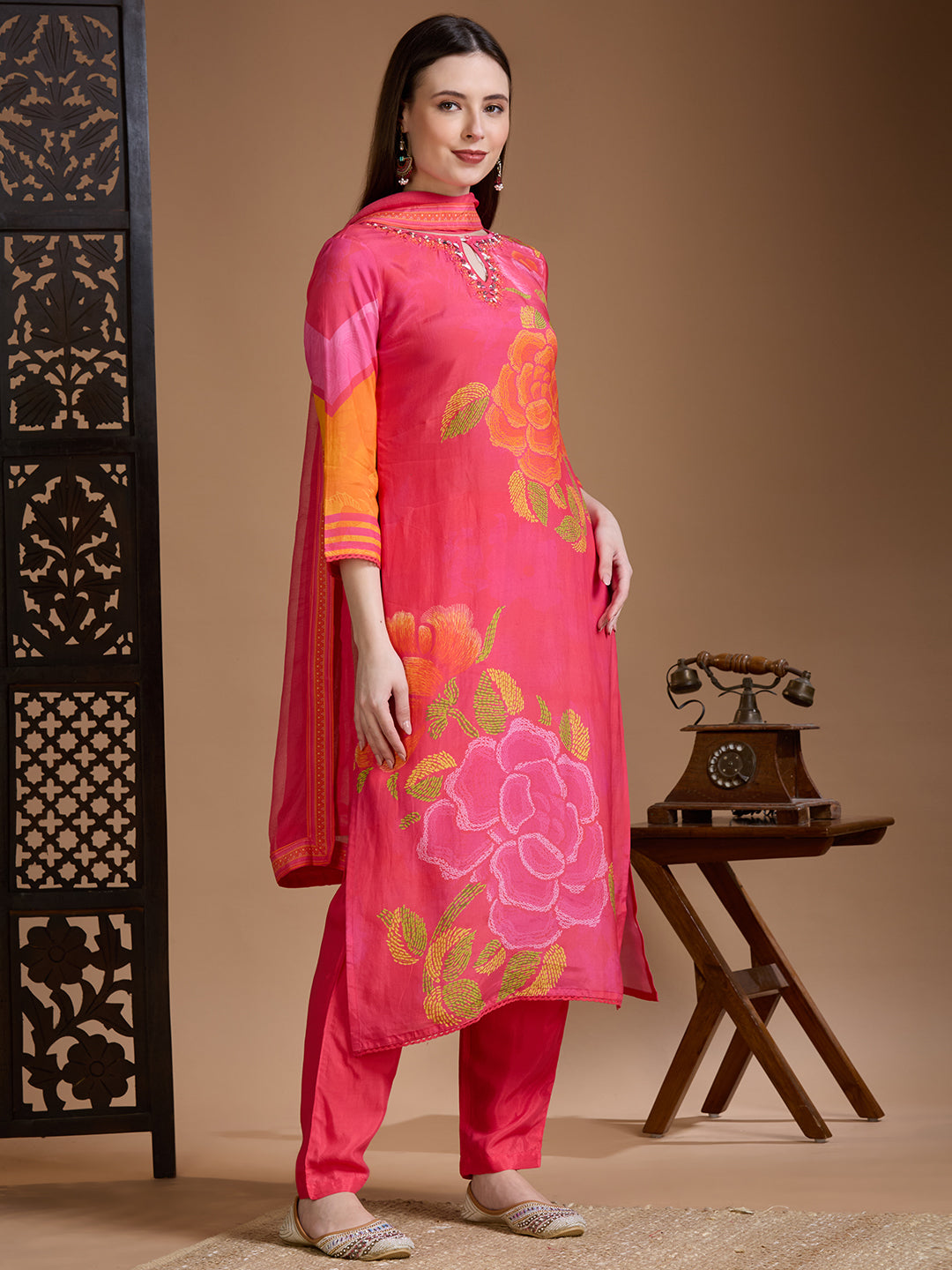 Abstract Floral Printed Straight Kurta with Pant & Dupatta - Pink