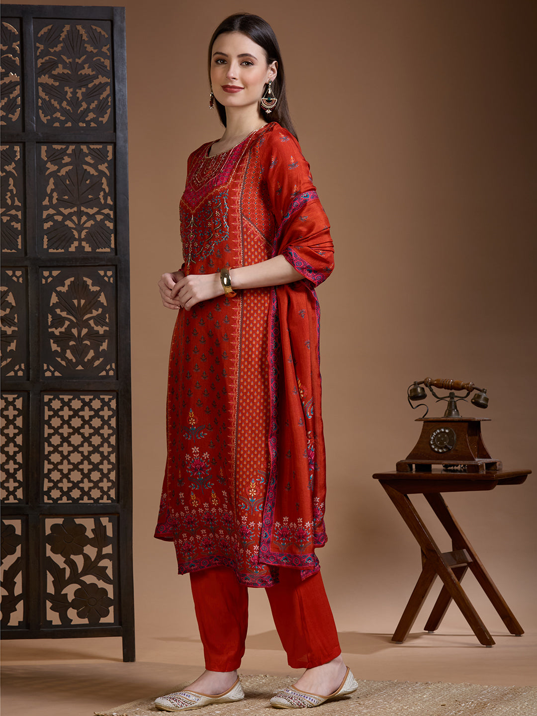 Ethnic Floral Printed & Embroidered Straight & Kurta with Pant and Dupatta - Rust