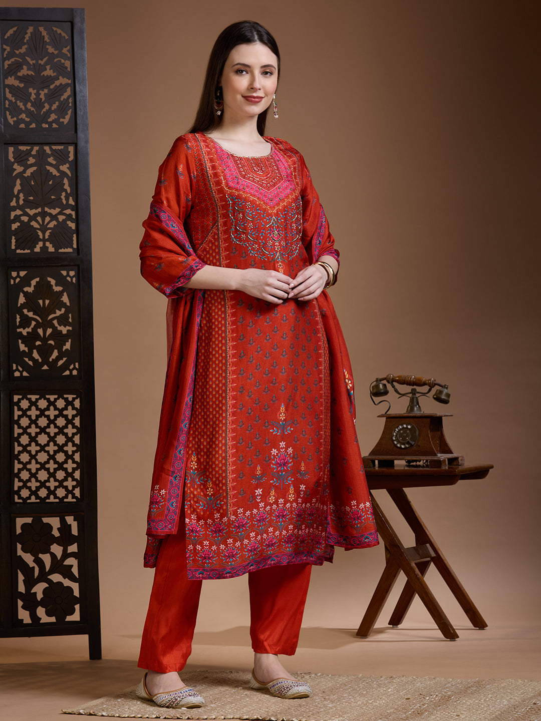 Ethnic Floral Printed & Embroidered Straight & Kurta with Pant and Dupatta - Rust