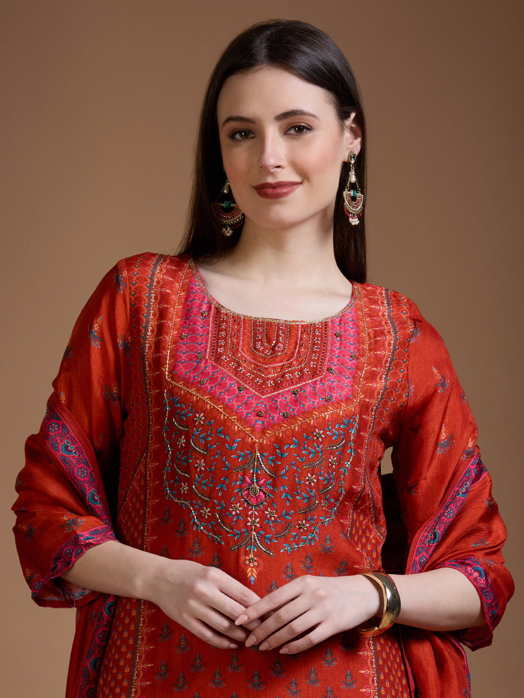 Ethnic Floral Printed & Embroidered Straight & Kurta with Pant and Dupatta - Rust