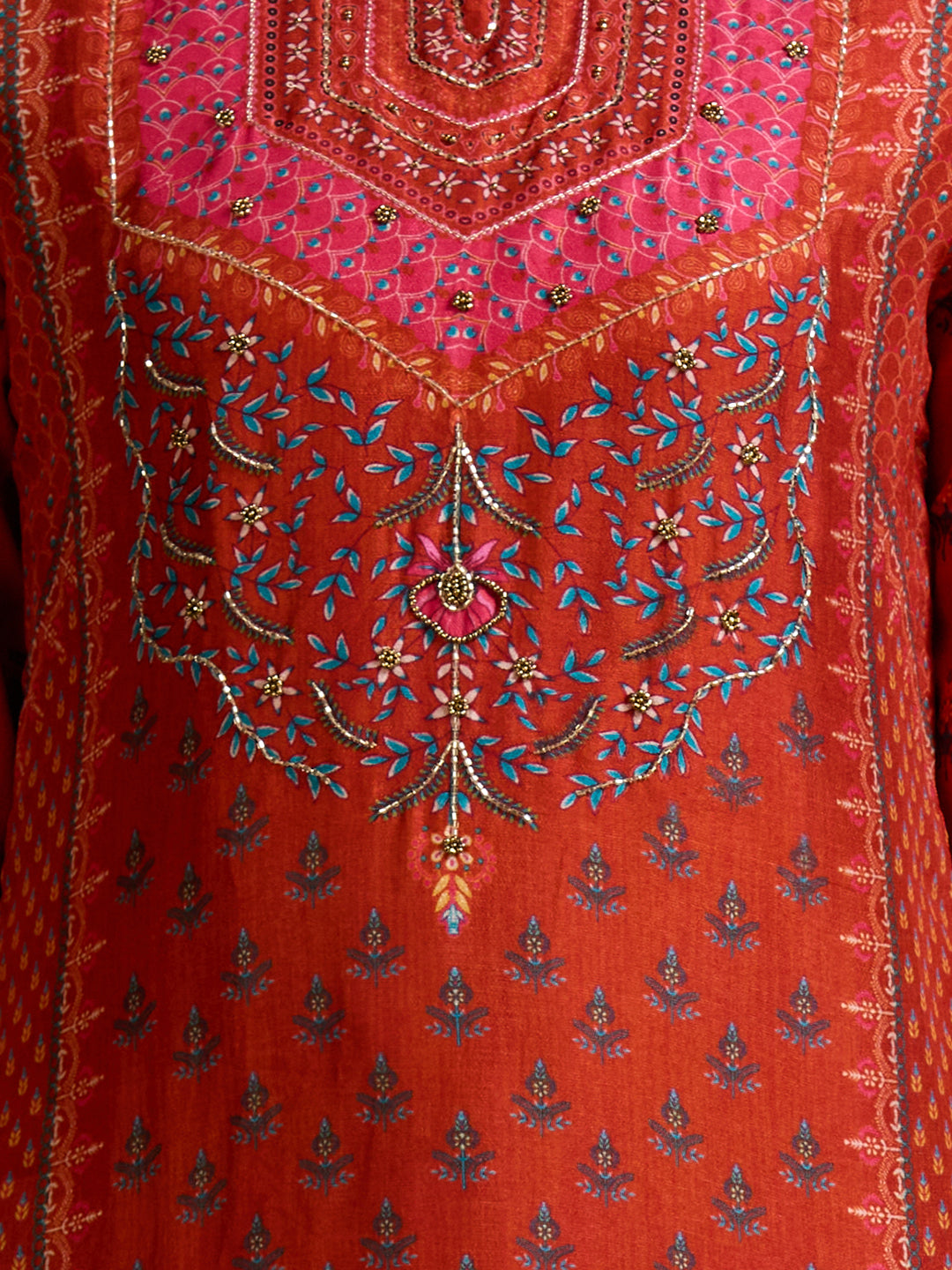 Ethnic Floral Printed & Embroidered Straight & Kurta with Pant and Dupatta - Rust