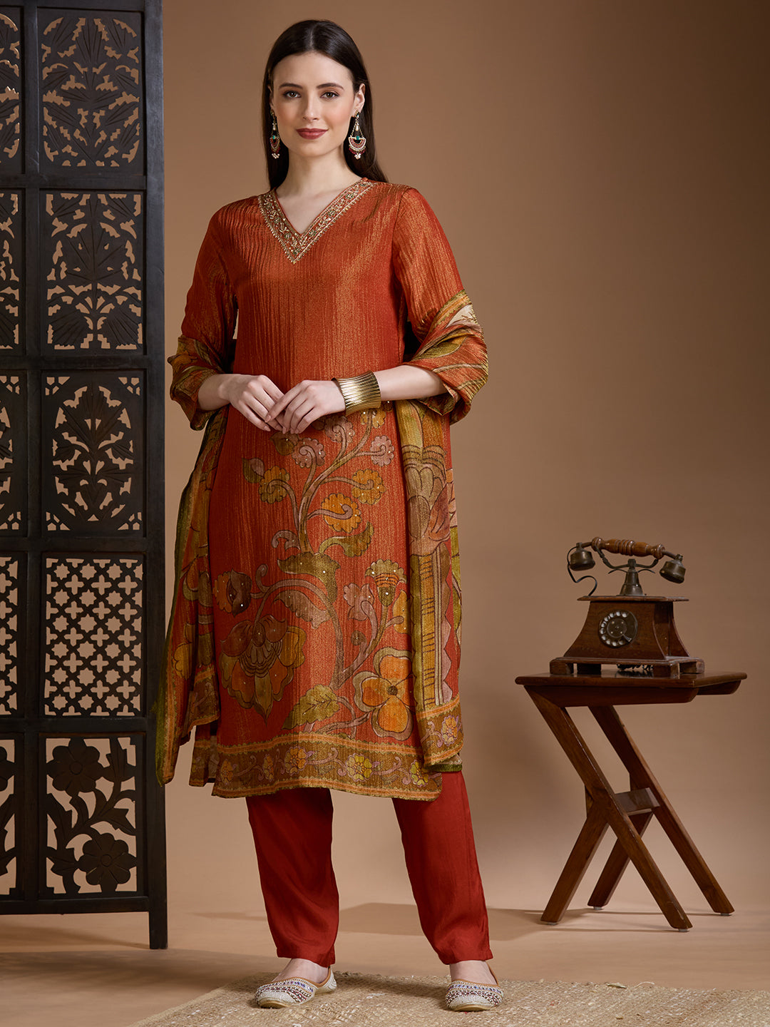 Festive Floral Printed Straight Kurta with Pant & Dupatta - Rust