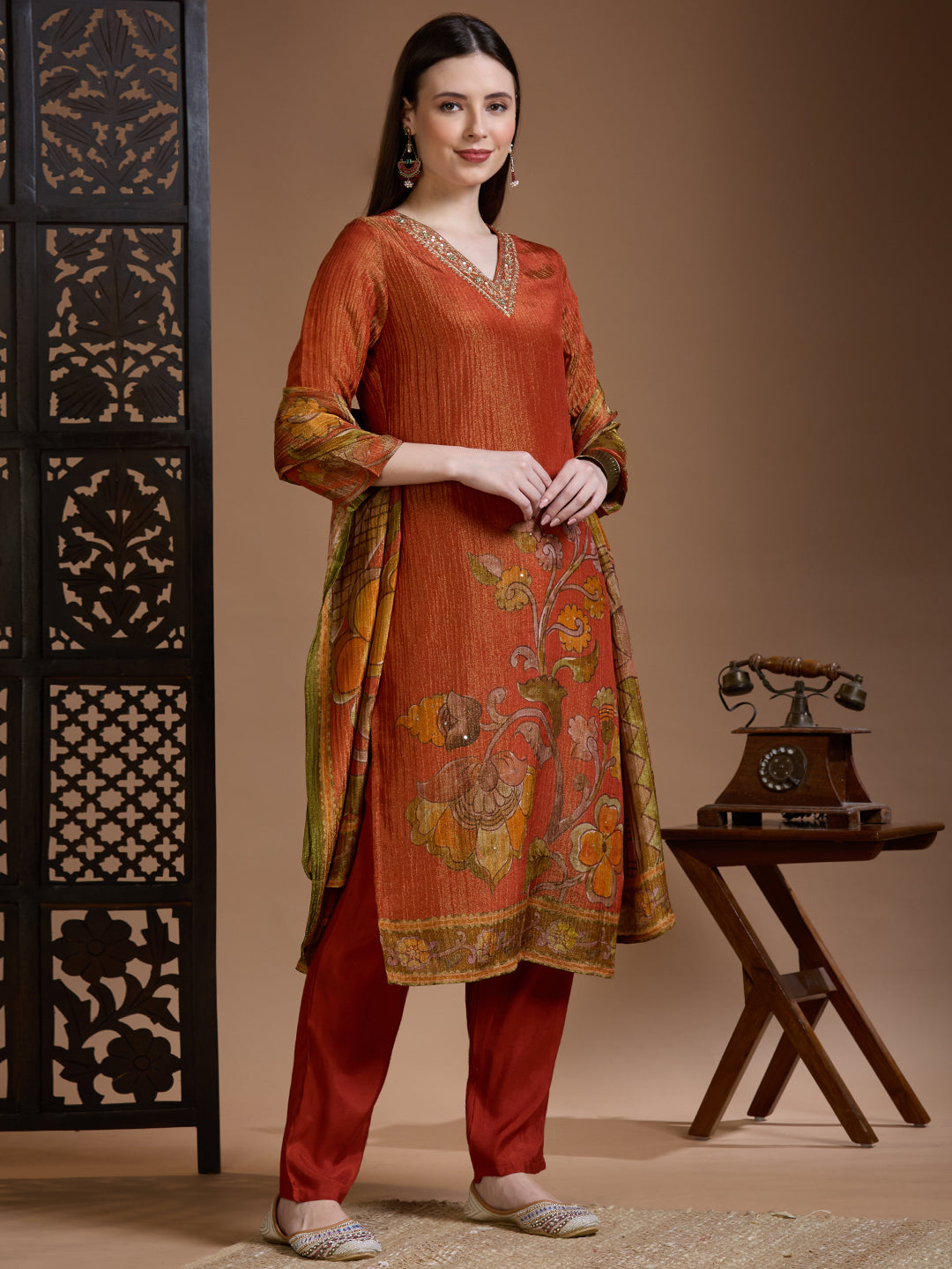 Festive Floral Printed Straight Kurta with Pant & Dupatta - Rust