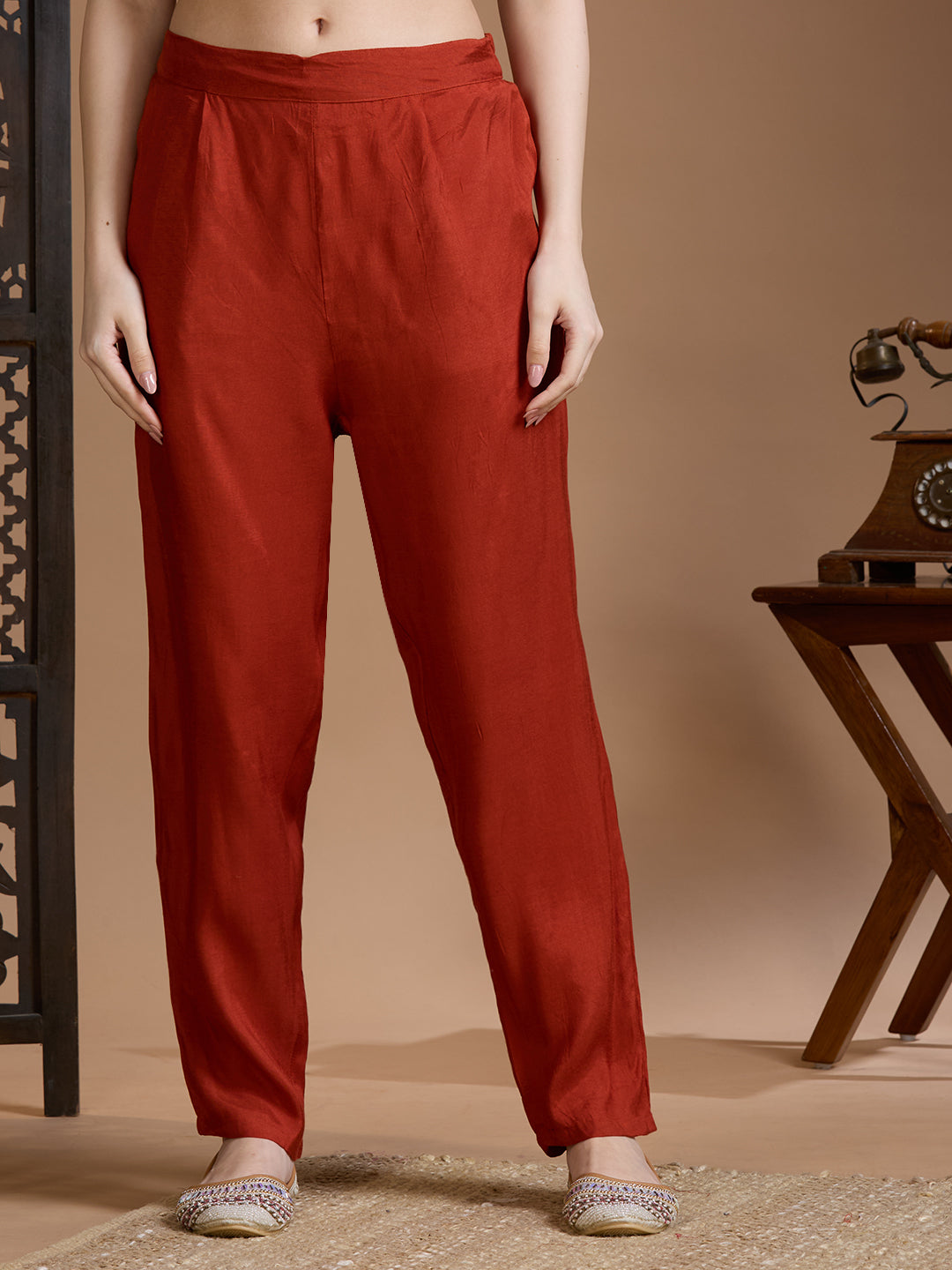 Festive Floral Printed Straight Kurta with Pant & Dupatta - Rust