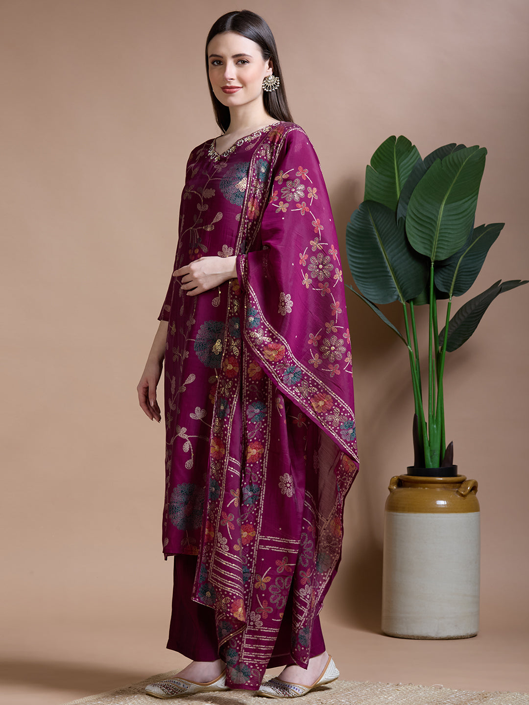 Festive Ethnic Floral Printed Embroidered Straight Kurta with Palazzo & Dupatta - Magenta