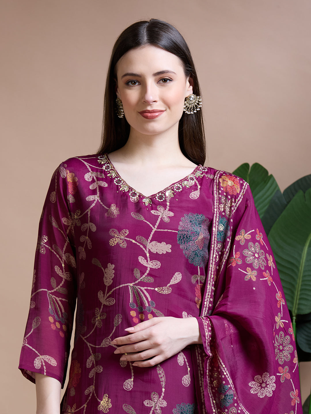 Festive Ethnic Floral Printed Embroidered Straight Kurta with Palazzo & Dupatta - Magenta