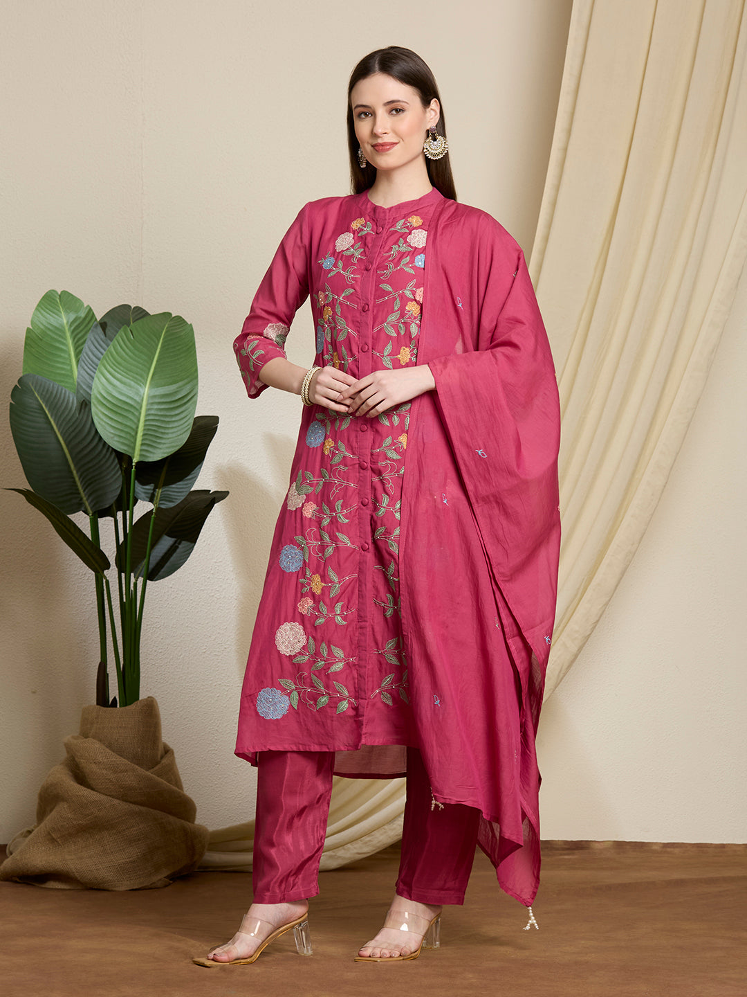 Solid Floral Embroidered Straight Kurta with Pant & Dupatta - Pink