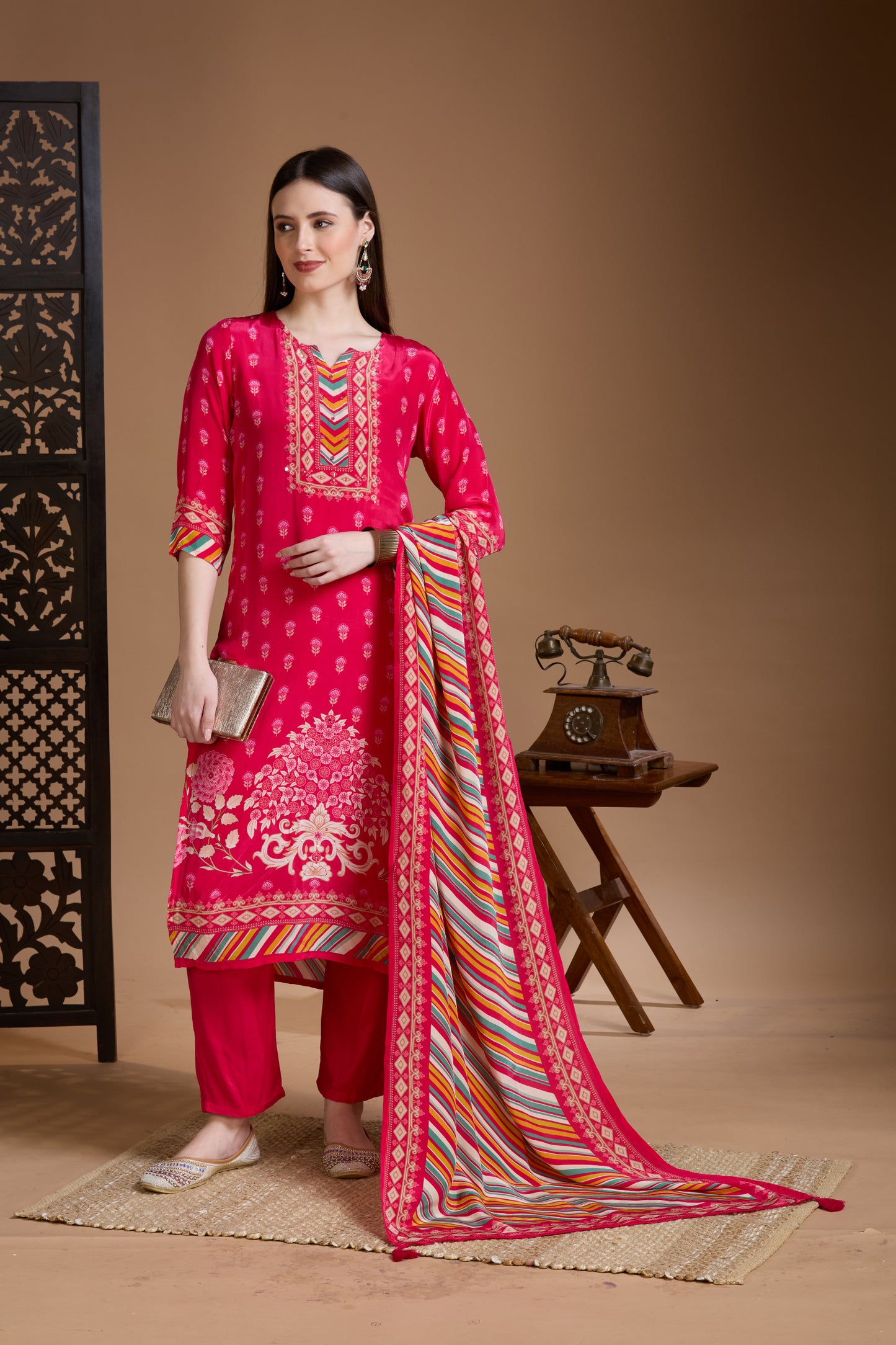Ethnic Printed Embroidered Straight Kurta with Pant & Dupatta - Rani