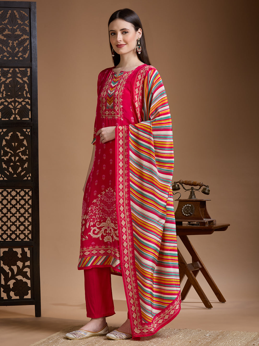 Ethnic Printed Embroidered Straight Kurta with Pant & Dupatta - Rani
