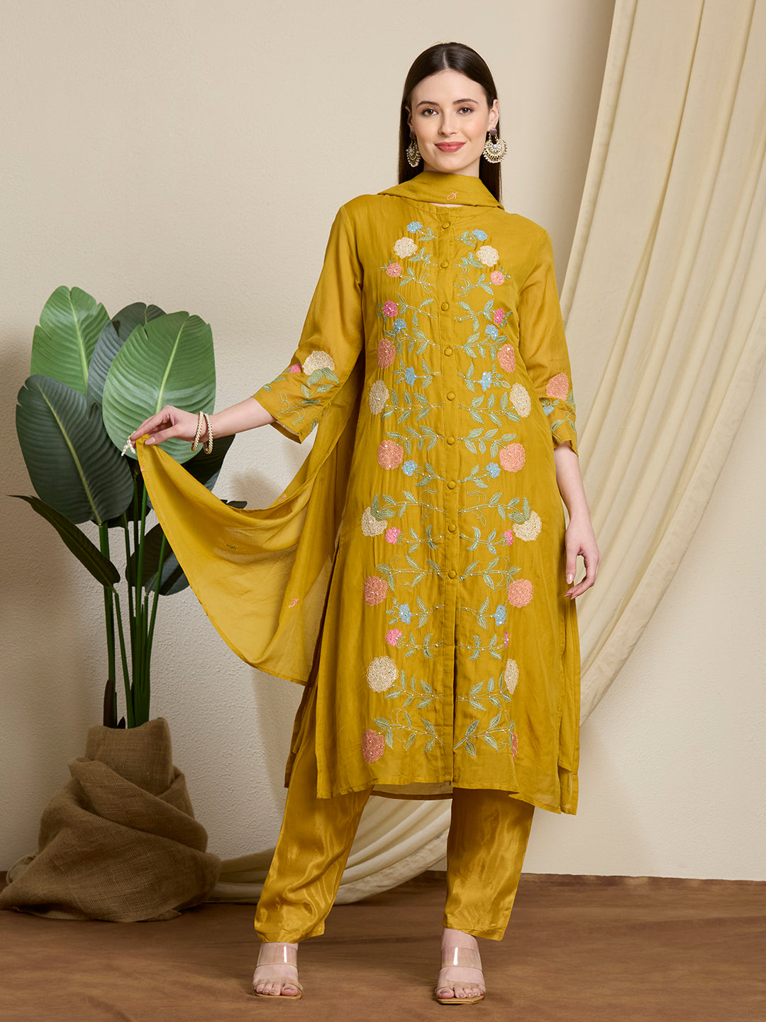 Solid Floral Embroidered Straight Kurta with Pant & Dupatta - Mustard