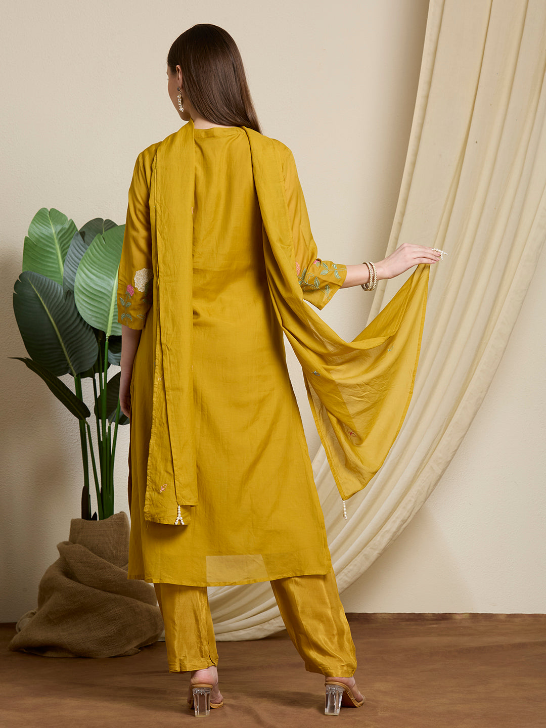 Solid Floral Embroidered Straight Kurta with Pant & Dupatta - Mustard