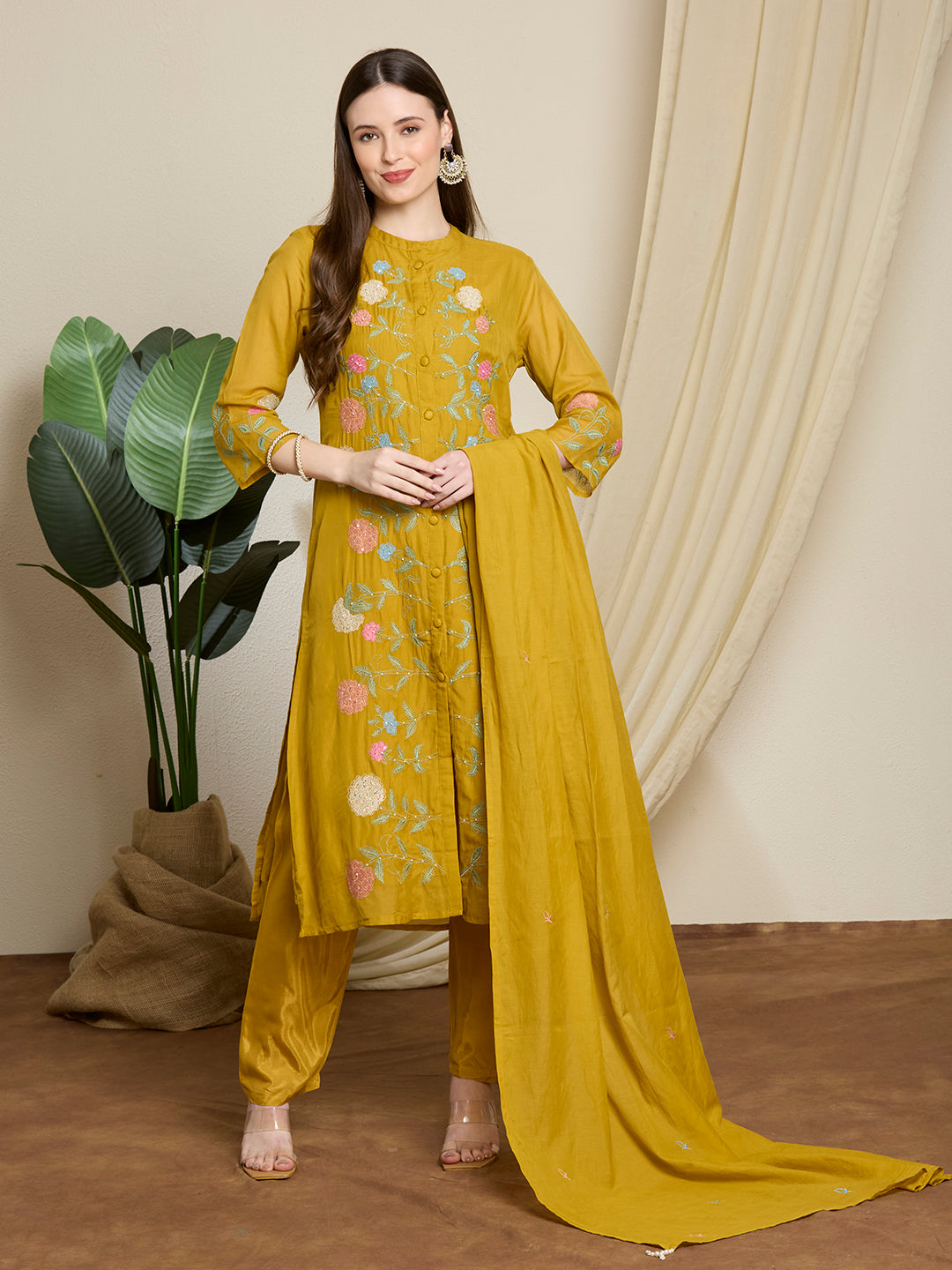 Solid Floral Embroidered Straight Kurta with Pant & Dupatta - Mustard
