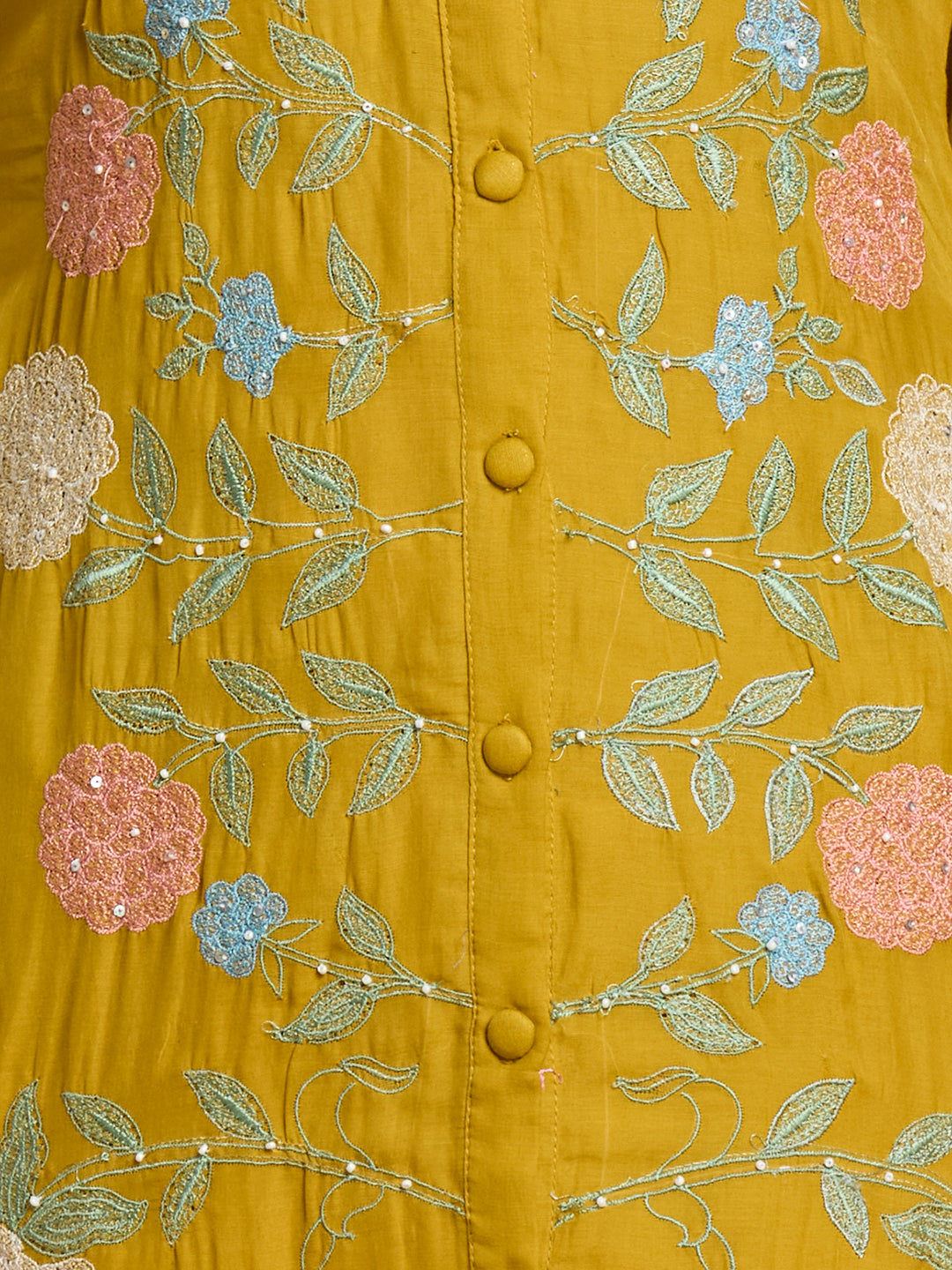 Solid Floral Embroidered Straight Kurta with Pant & Dupatta - Mustard