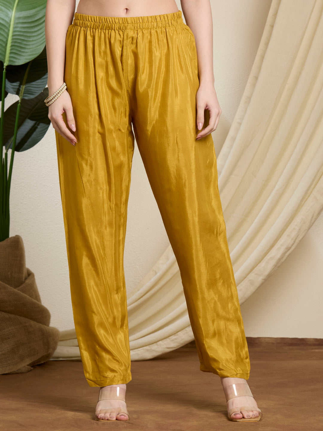 Solid Floral Embroidered Straight Kurta with Pant & Dupatta - Mustard