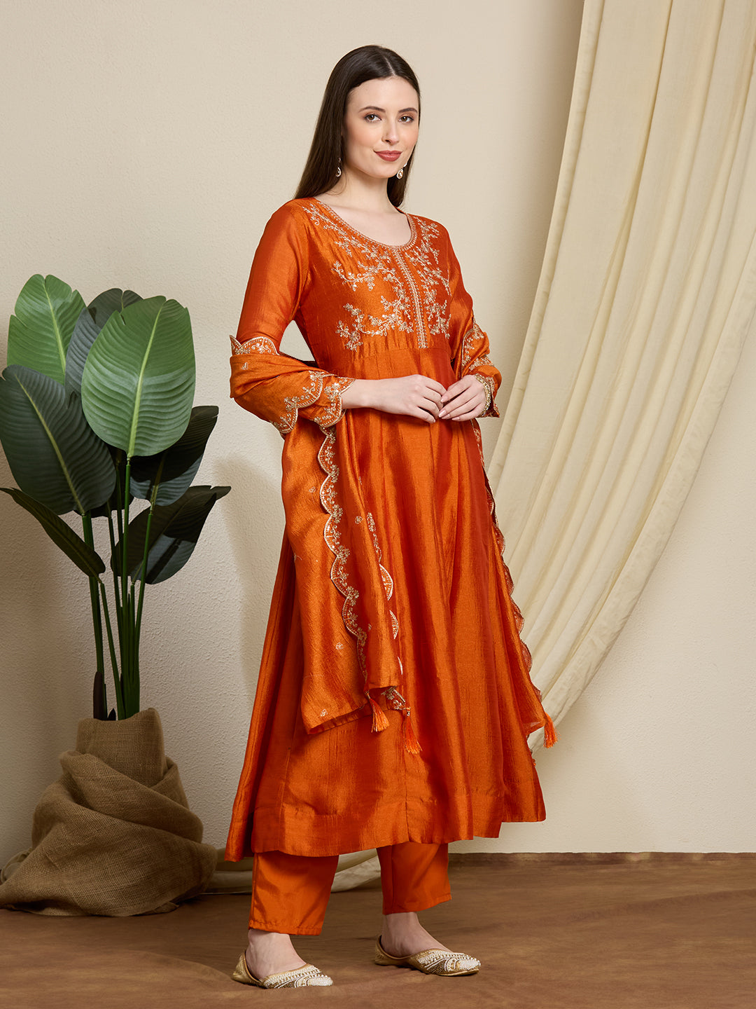 Festive Solid Ethnic Embroidered Anarkali Kurta with Pant & Scalloped Dupatta - Orange