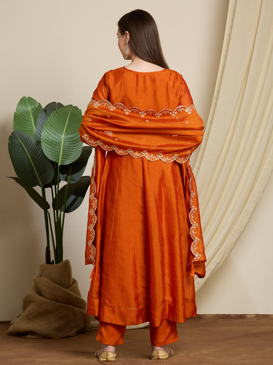 Festive Solid Ethnic Embroidered Anarkali Kurta with Pant & Scalloped Dupatta - Orange