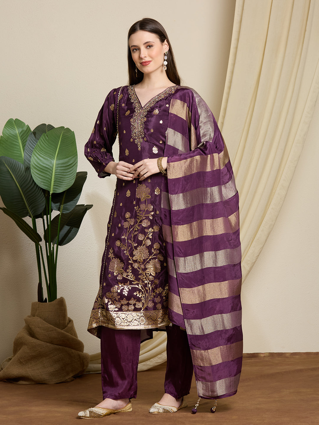 Festive Ethnic Floral Woven & Embroidered Kurta with Pant & Striped Dupatta - Deep Purple