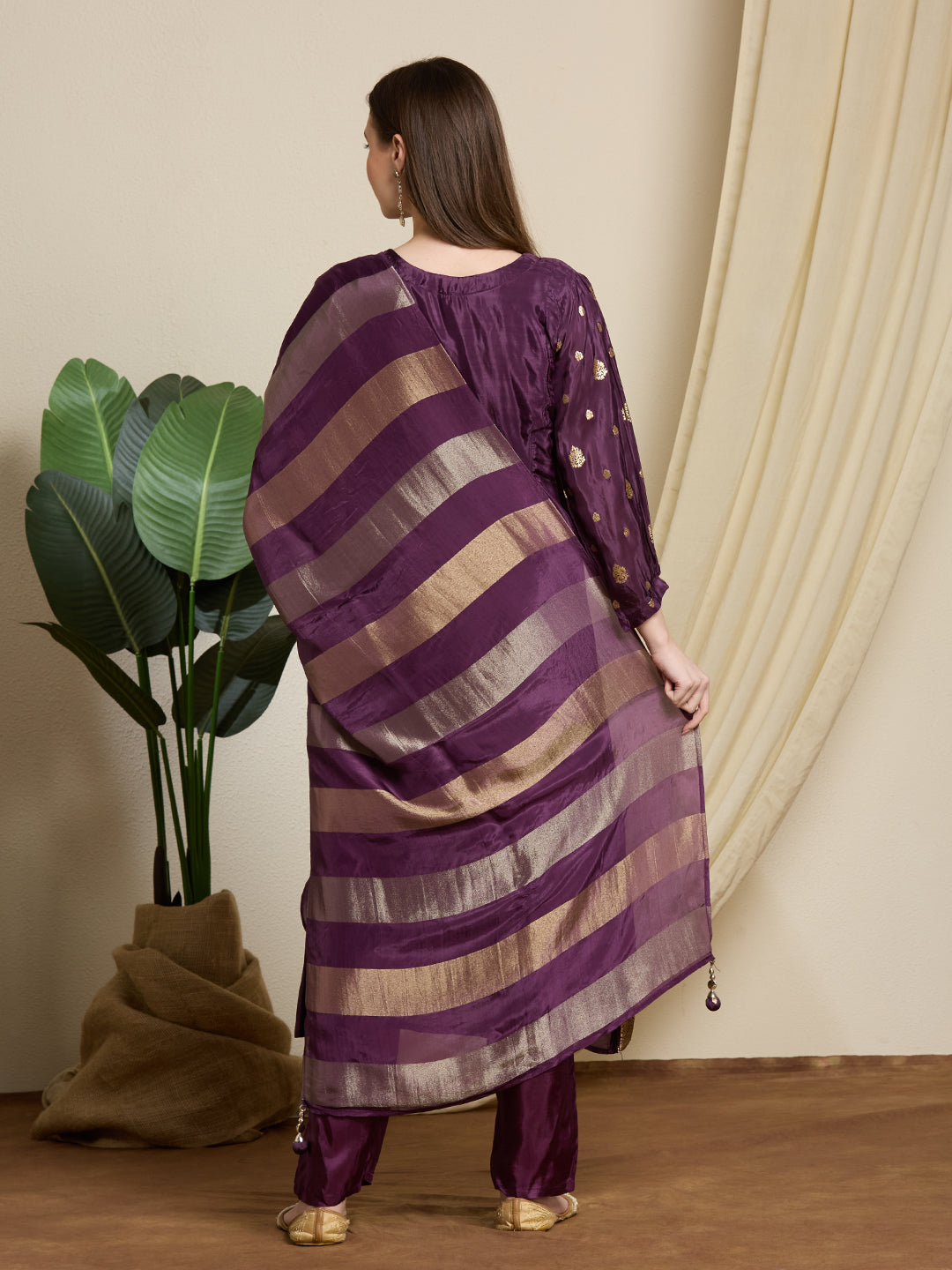 Festive Ethnic Floral Woven & Embroidered Kurta with Pant & Striped Dupatta - Deep Purple