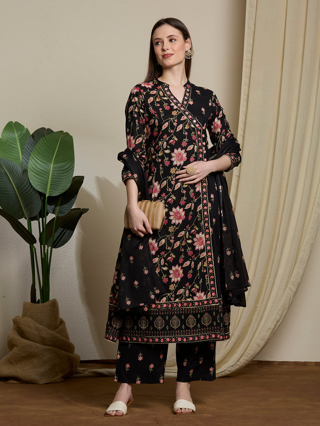 Ethnic Floral Printed Embroidered A-Line Kurta with Palazzo & Dupatta - Black