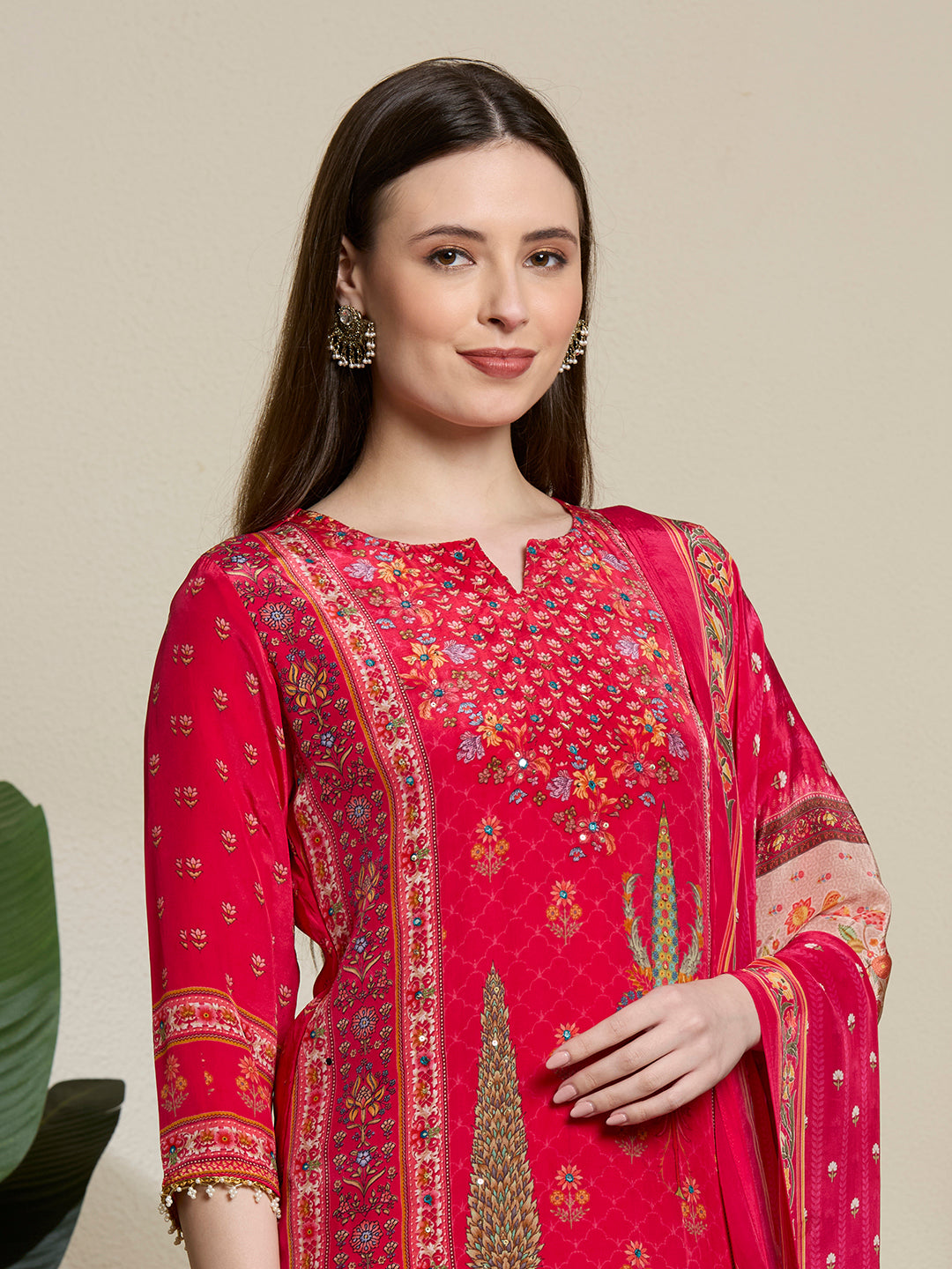 Ethnic Printed & Embroidered Straight Kurta with Pant & Dupatta - Pink
