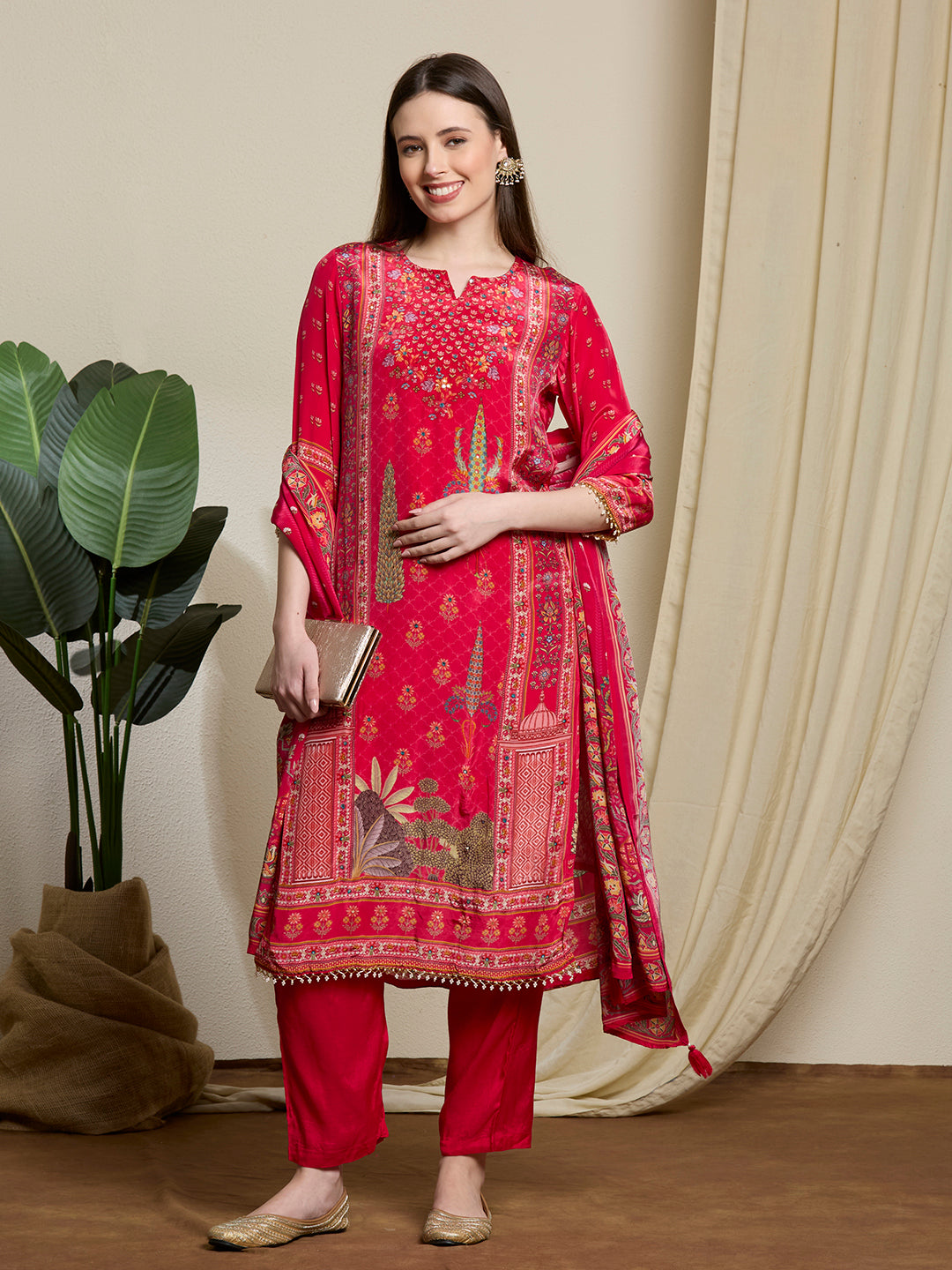 Ethnic Printed & Embroidered Straight Kurta with Pant & Dupatta - Pink