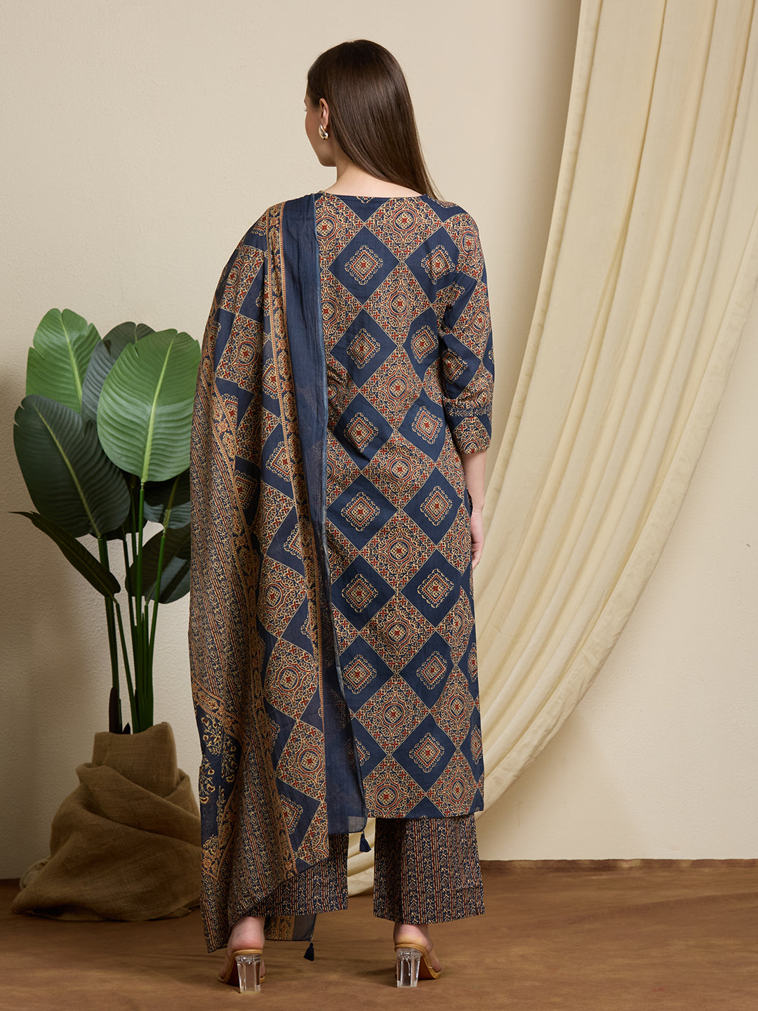 Ethnic Ajrakh Printed Straight Kurta with Pant & Dupatta - Multi