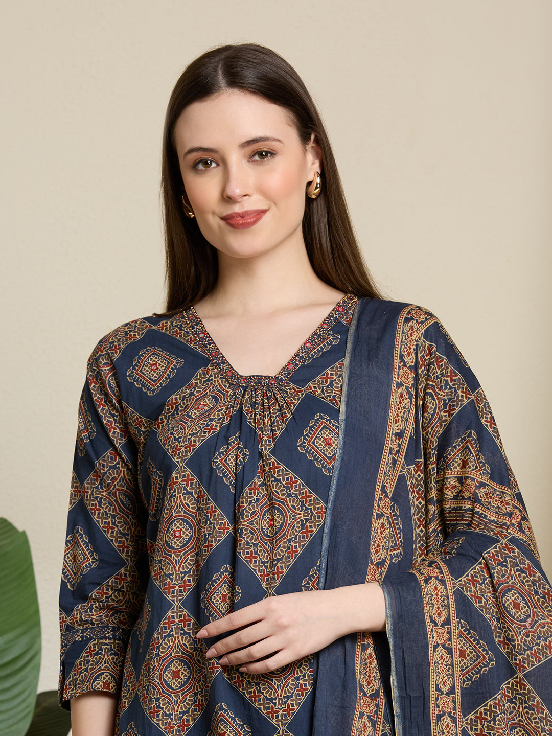 Ethnic Ajrakh Printed Straight Kurta with Pant & Dupatta - Multi