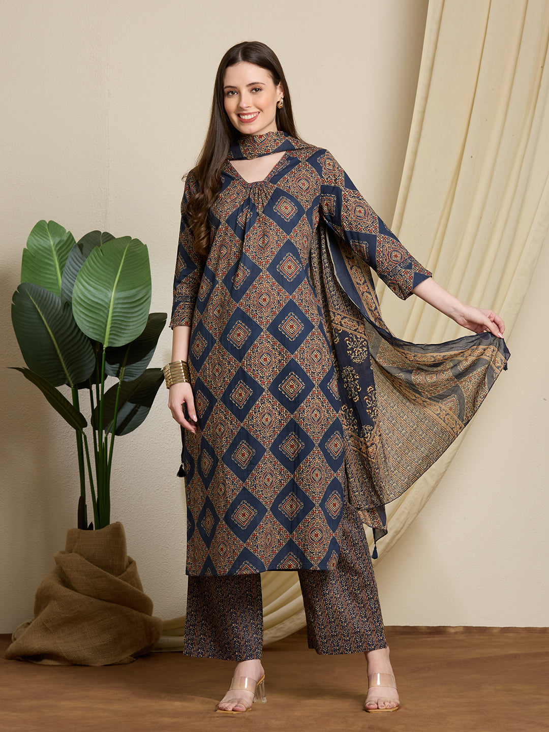 Ethnic Ajrakh Printed Straight Kurta with Pant & Dupatta - Multi