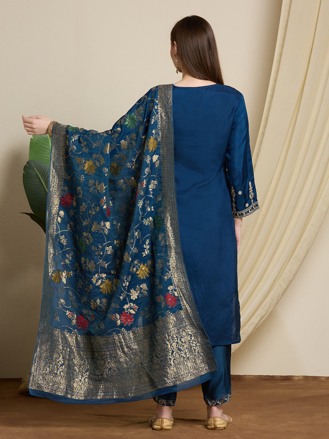 Solid Ethnic Embroidered Straight Kurta with Dhoti & Dupatta - Blue