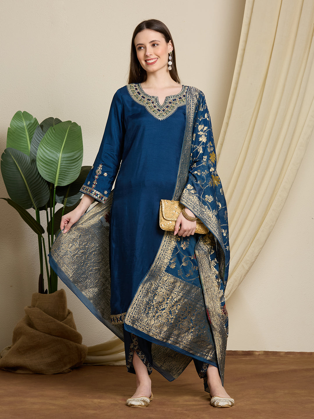 Solid Ethnic Embroidered Straight Kurta with Dhoti & Dupatta - Blue