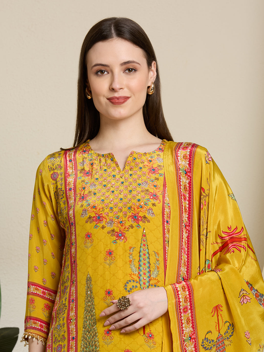Ethnic Printed & Embroidered Straight Kurta with Pant & Dupatta - Yellow