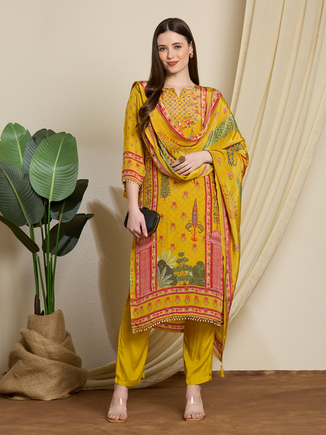 Ethnic Printed & Embroidered Straight Kurta with Pant & Dupatta - Yellow