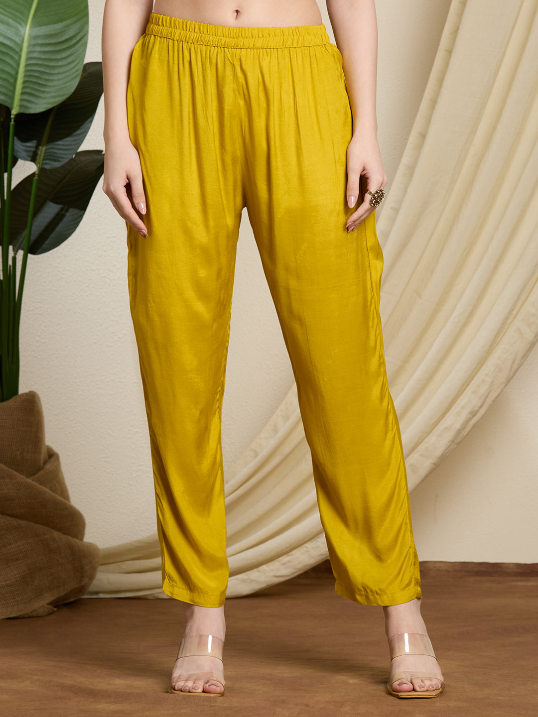 Ethnic Printed & Embroidered Straight Kurta with Pant & Dupatta - Yellow