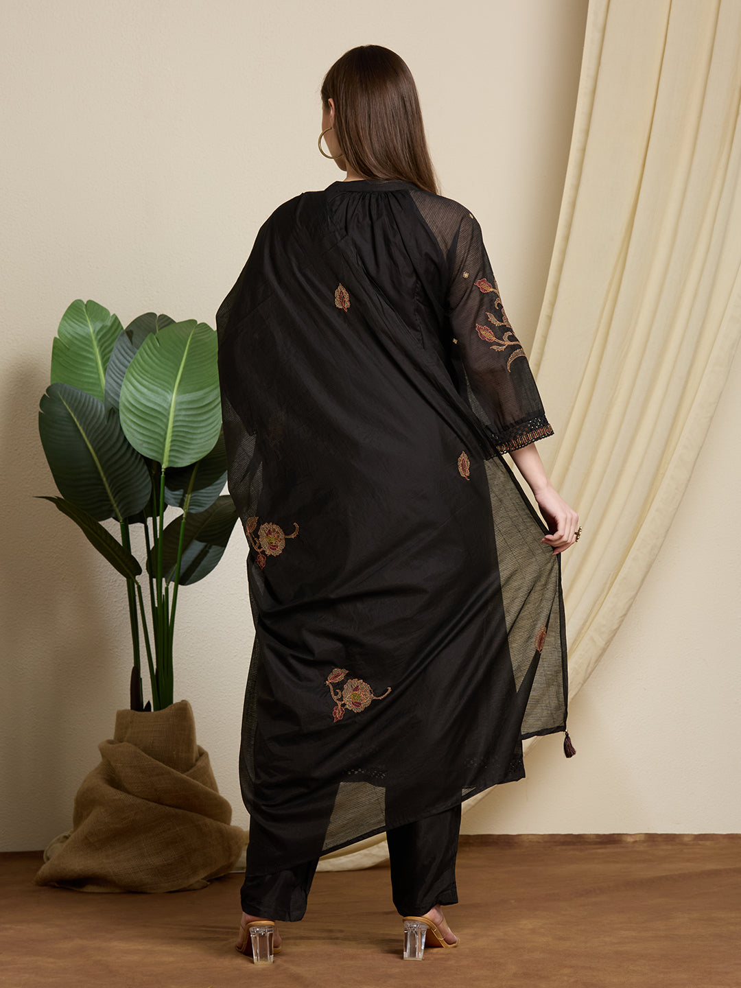 Solid A-Line Floral Embroidered Kurta and Dupatta with Pant - Black