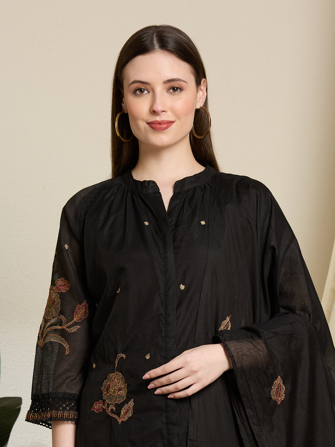 Solid A-Line Floral Embroidered Kurta and Dupatta with Pant - Black