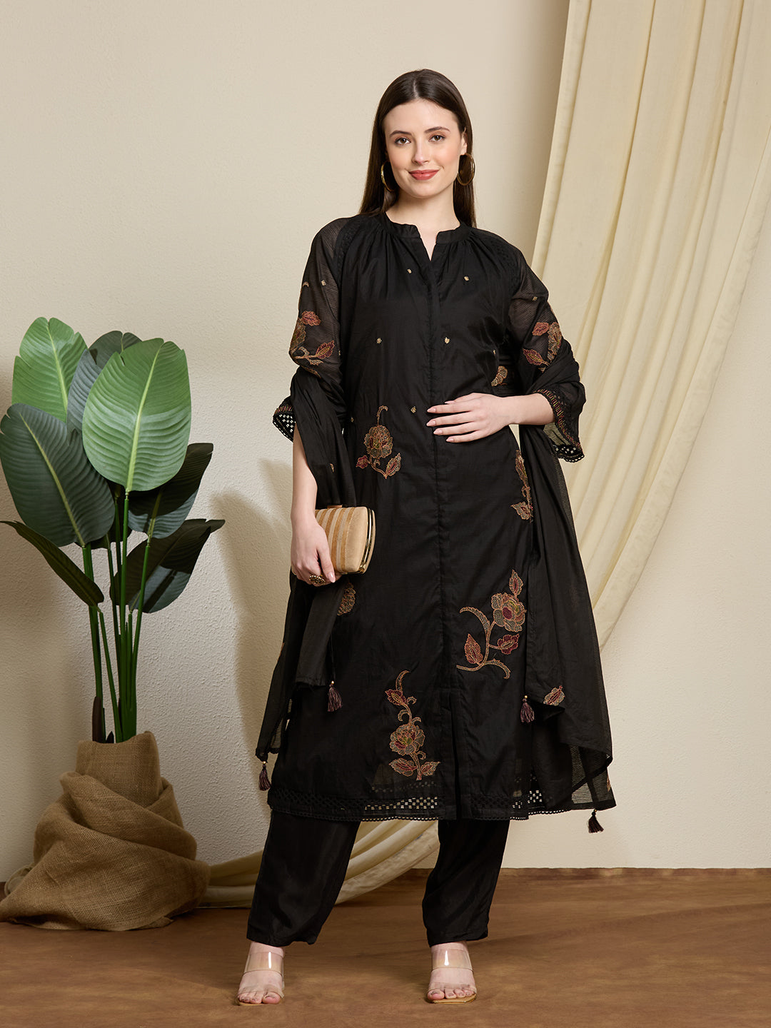 Solid A-Line Floral Embroidered Kurta and Dupatta with Pant - Black