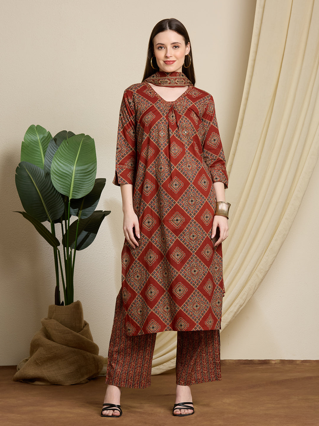 Ethnic Ajrakh Printed Straight Kurta with Pant & Dupatta - Rust