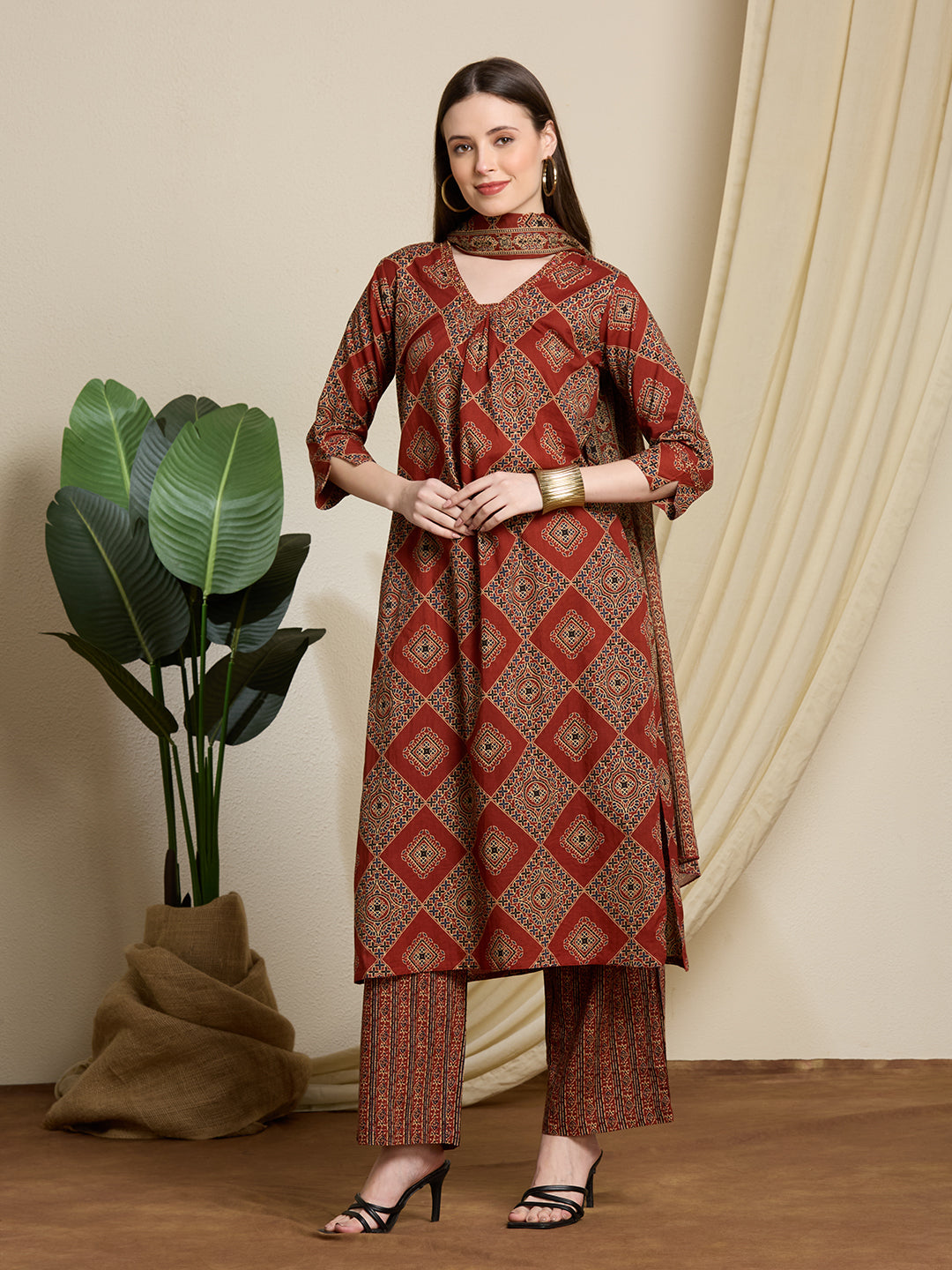 Ethnic Ajrakh Printed Straight Kurta with Pant & Dupatta - Rust