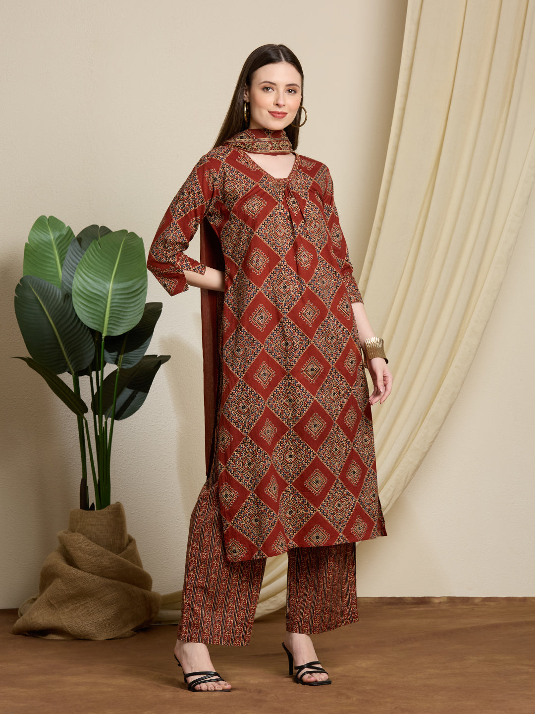 Ethnic Ajrakh Printed Straight Kurta with Pant & Dupatta - Rust