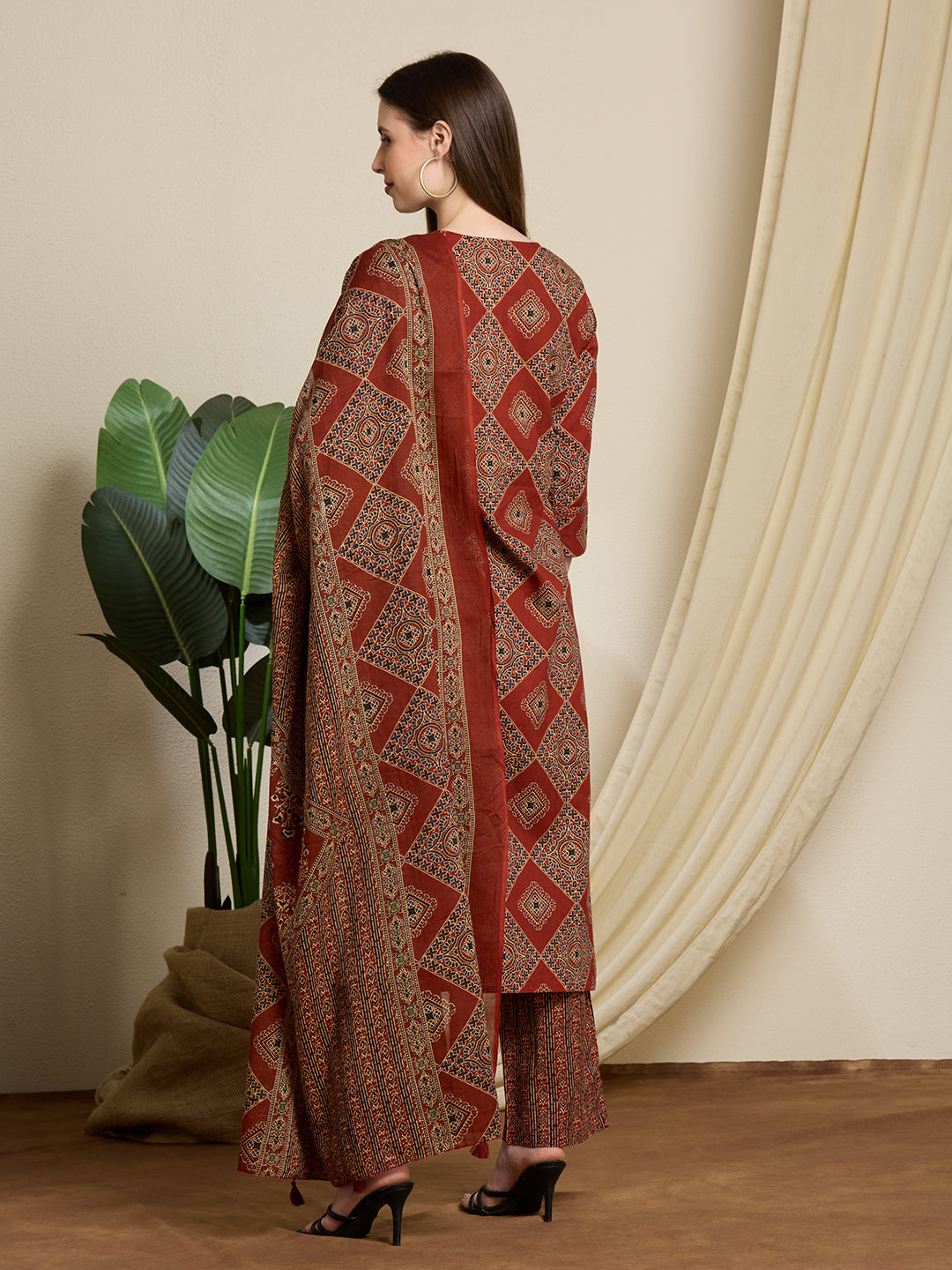 Ethnic Ajrakh Printed Straight Kurta with Pant & Dupatta - Rust