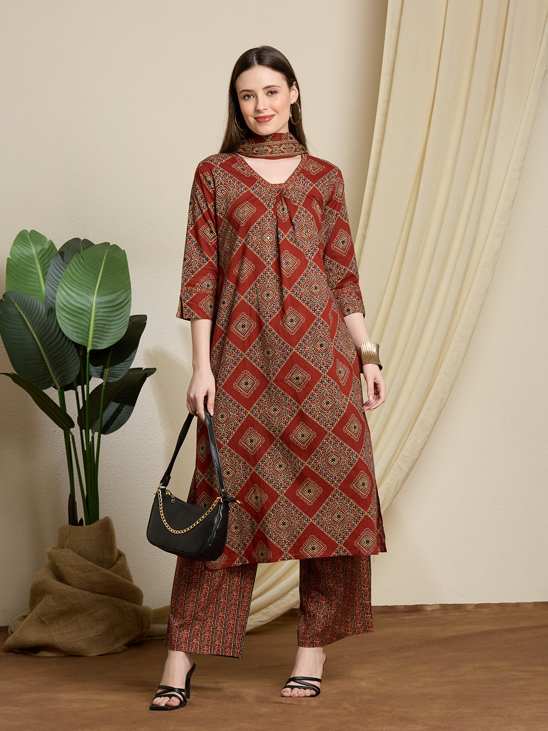 Ethnic Ajrakh Printed Straight Kurta with Pant & Dupatta - Rust