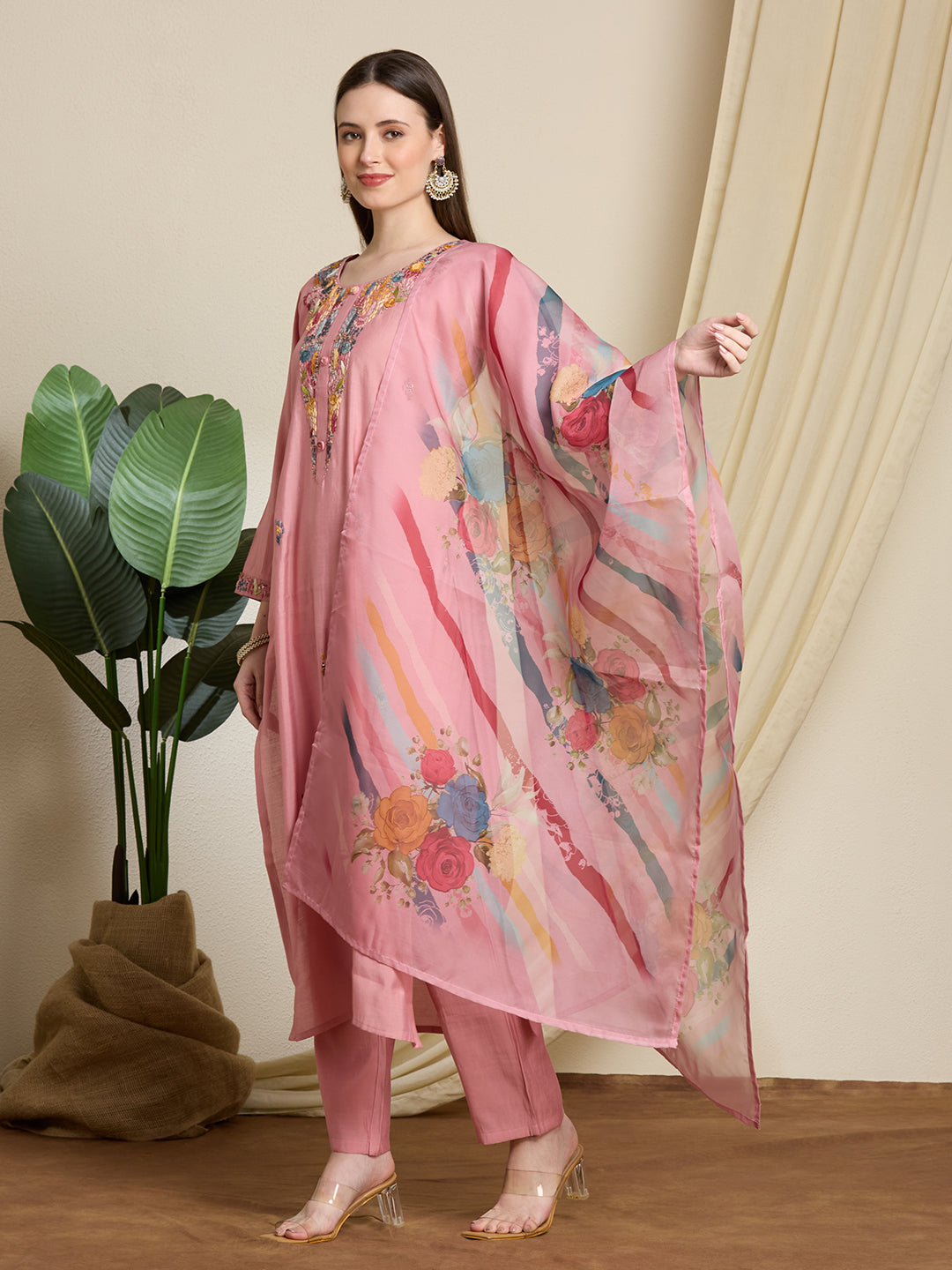 Solid Floral Hand Embroidered Straight Kurta with Pant & Dupatta - Pink