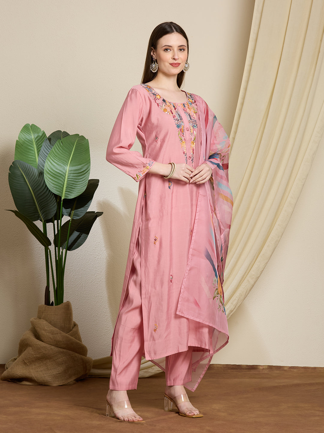 Solid Floral Hand Embroidered Straight Kurta with Pant & Dupatta - Pink